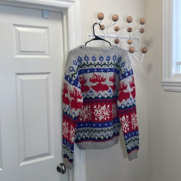 Handknit Sweater Moose Snowflake Pattern  Navy Red M - Picture 4 of 8